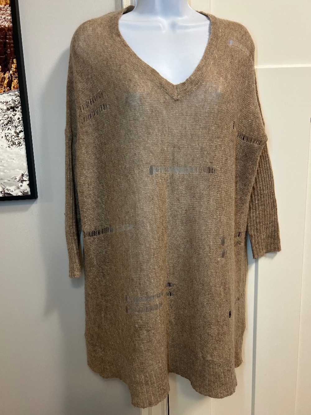 beige, oversized V-neck sweater with ribbed trim Wool mohair blend